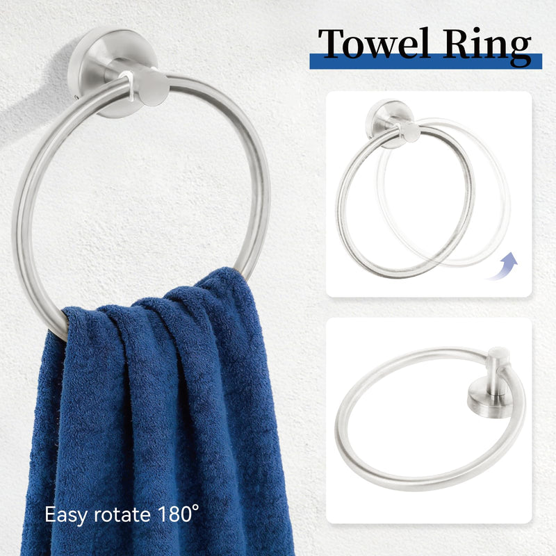 HOMOTEK 4 Pieces Bathroom Accessories Hardware Set, 24 inch Towel Bar, Towel Ring, Robe Hook, Toilet Paper Holder, Stainless Steel Rack Kit Wall Mounted, Brushed Stainless Steel 1 Pack