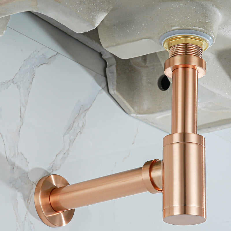 RANDOM Brass Contemporary Round Bottle P Trap 1 1/4 Basin Sink Waste Drain P Trap Kit, Copper Satin, Also Red Antique Copper（Brushed Rose Gold） Brushed Rose Gold