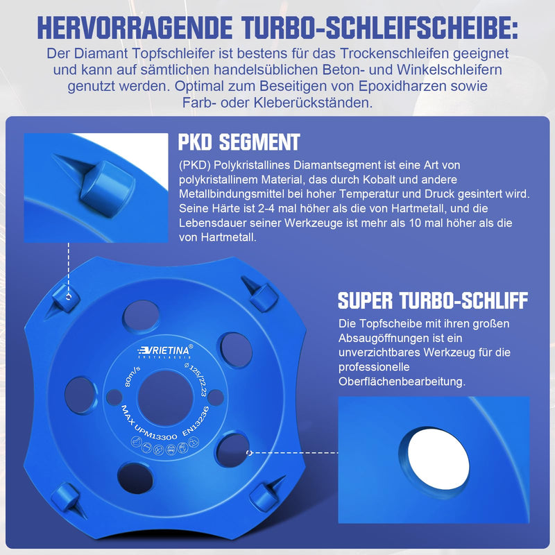 PKD PCD Diamond Cup Wheel Grinding Wheel 125 x 22.23 mm 4 Segments | Sanding disc for concrete grinder angle grinder (masonry, coatings tile adhesive screed granite natural stone)