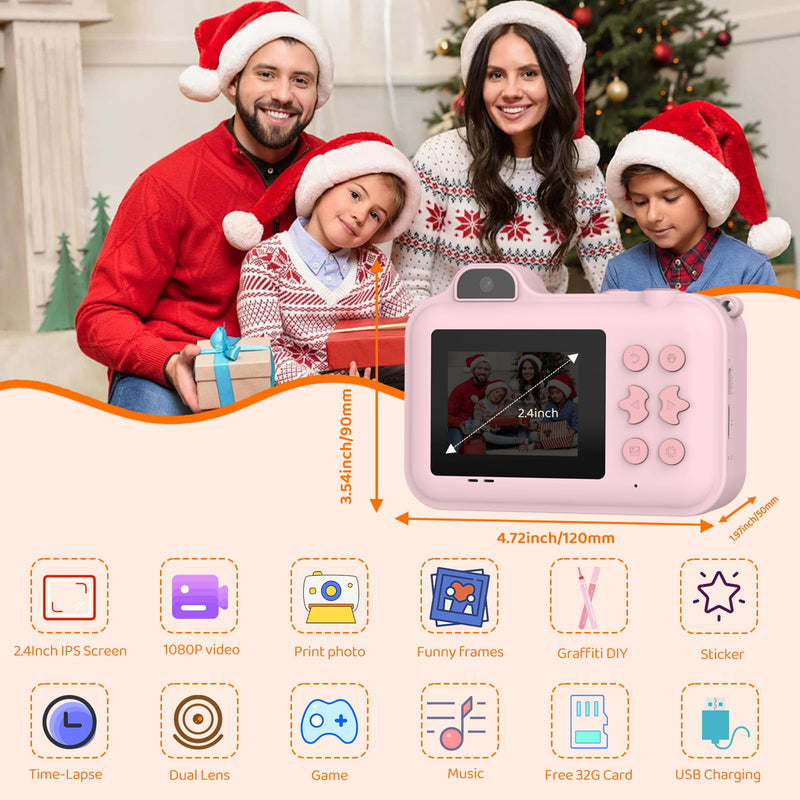 Kids Camera Instant Print,Kids Digital Camera 1080P HD Dual-Lens Selfie,Instant Print Camera with 5 Rolls Paper & 32GB Card,Toddler Camera Christmas Birthday Gifts for Girls Age 3-12(Pink) Pink