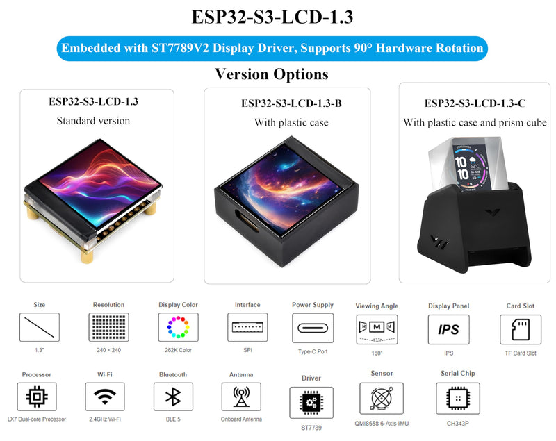 ESP32-S3 1.3inch Display Development Board, ESP32 with Display 240x240 Pixels, Built-in ST7789V2 Chip and 6-Axis IMU, 262K Color, SPI Communication, Supports 90° Hardware Rotation