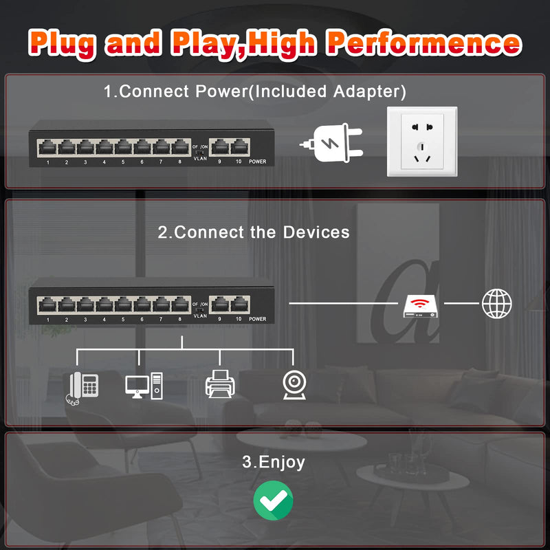10 Ports Gigabit Ethernet Switch Unmanaged, 8 Gigabit Ports+2 Gigabit Uplink Port, Network Switch,Ethernet Splitter| Plug & Play| Fanless Metal Design| Shielded Ports| Traffic Optimization 10 Ports|8 Ports Gigabit+2xUPLINK Ports