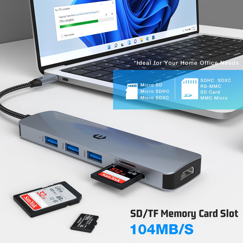 USB C Hub, Tymyp 6 in 1 USB C Dock for Mac Pro/Air, High-Speed USB 3.0 Docking Station for Dell, Surface, HP, Lenovo, and Other Type C Devices (4K HDMI, SD/TF, USB A 3.0)
