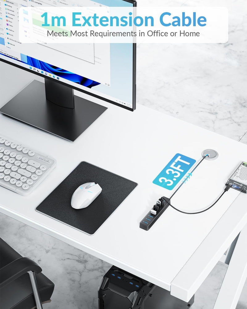 PHIXERO 7 Port USB Hub, 3.3FT/1M Long Cable USB 3.0 Hub Multi USB Port Hub Adapter Extension USB Splitter USB Hub for PC, Compatible with All USB 3.0/2.0/1.1 Device 1m Cable