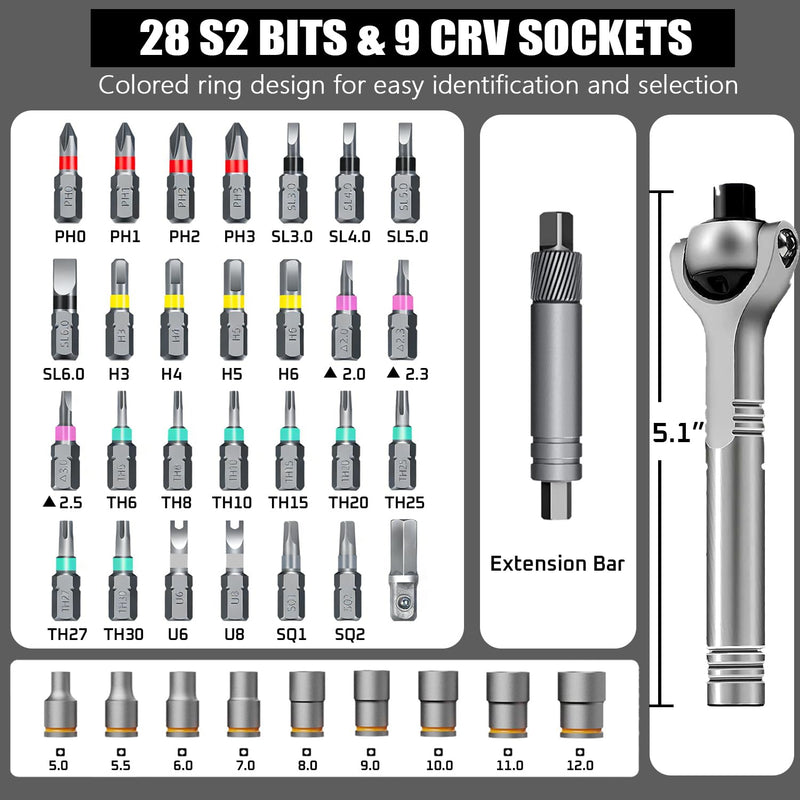 40 in 1 Ratchet Screwdriver Set, 60-Tooth Magnetic Ratcheting Screwdriver Set with 180° Rotating Ratchet Head for DIY Project, Home Repair & Furniture
