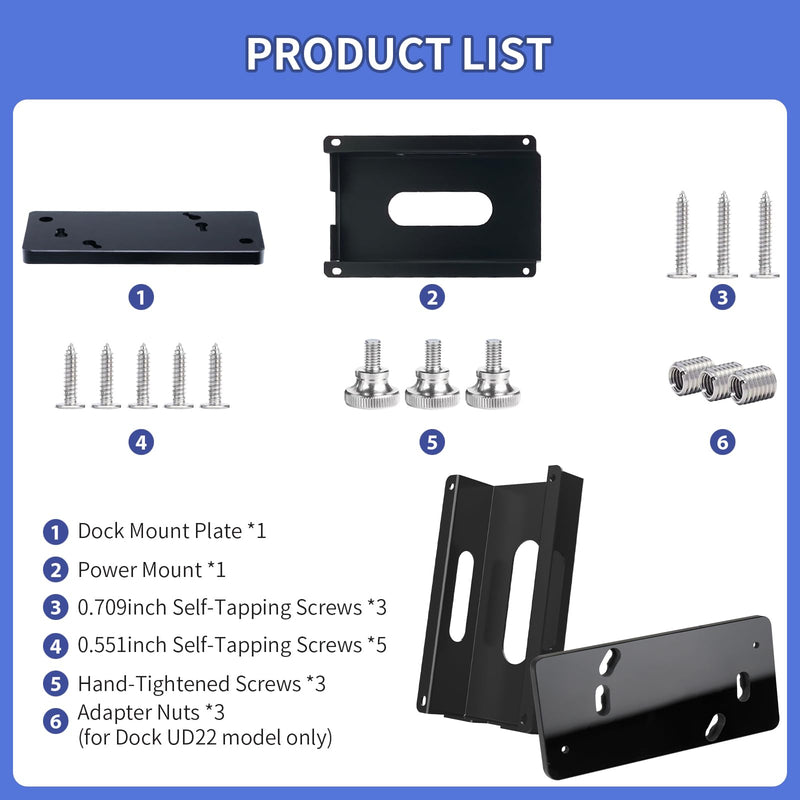Under Desk Mount for Dell WD19 / WD19S / WD19TB / WD19TBS / WD19DCS / WD22TB4/UD22 Docking Station + Power Bricks(for Original180W & 130W)- Docking Station and Power Bricks Mount Holder Kit