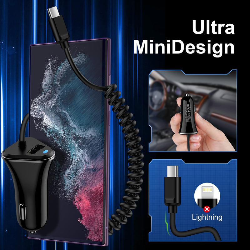 USB C Fast Samsung Car Charger with 3ft Type C Coiled Cable for Samsung Galaxy A55 A15 A35 A54 S24 S23 Ultra S22 S21 FE S20 S10 A14 A13 A53,3.4A Android Car Phone Charger Adapter for iPhone 15 Pro Max