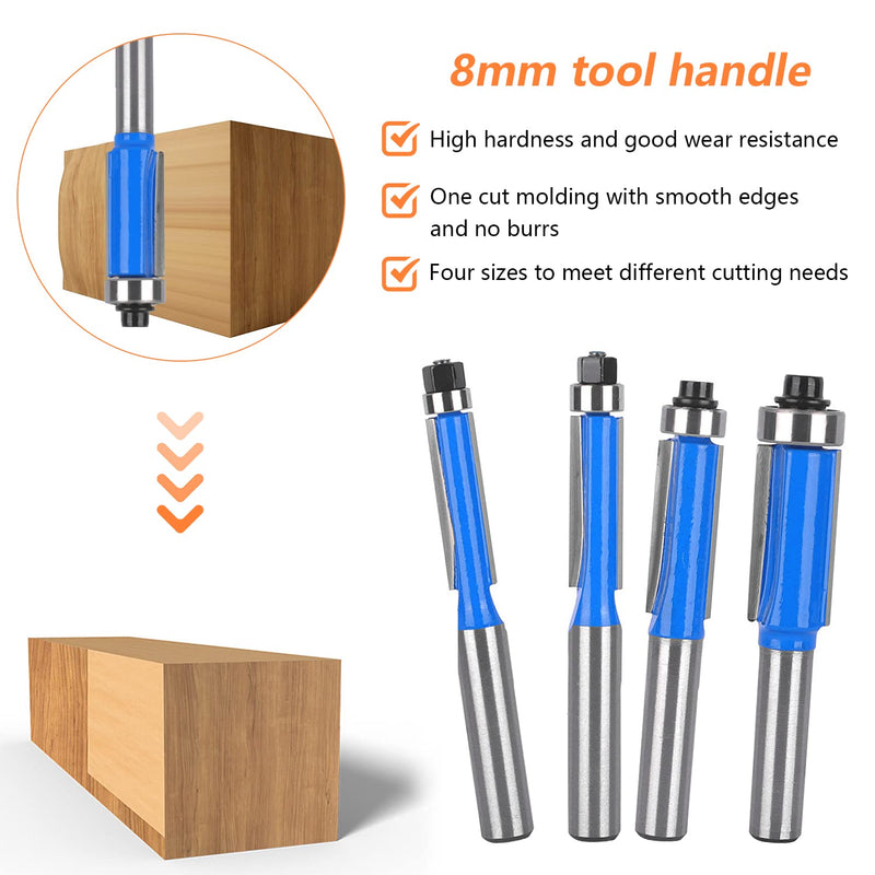 4 pieces flush cutter 8 mm shank, flush cutter cutter set, double-sided cutter with bearings, blue flush cutter, for woodworking tools for cutting, trimming (4) 4