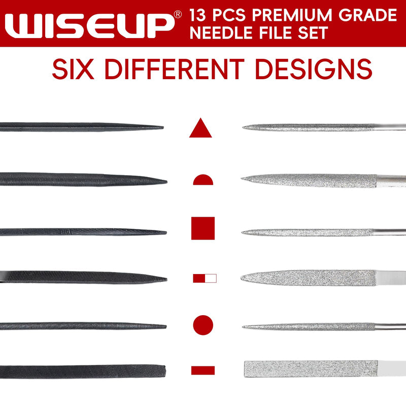 WISEUP 13 Piece Needle File Set with 6 Diamond Files and 6 Steel Files | Tool bag for jewelry, wood, plastic, metalwork and DIY enthusiasts