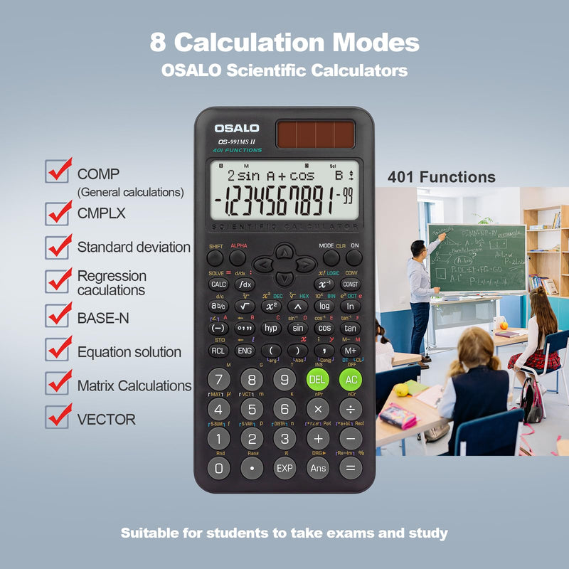 OSALO Scientific Calculator 401 Function 417 Function 2 Line Written Display 10+2 Digits Solar and Battery Calculators Pink