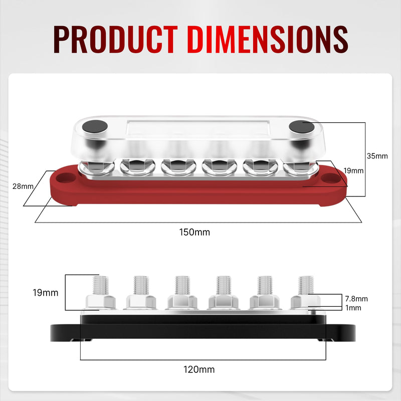 12V Bus Bar 250A Power Distribution Block, 12 Volt Busbars 6 x 5/16" (M8) Terminal Studs Positive & Negative for Car, Marine, Solar Systems