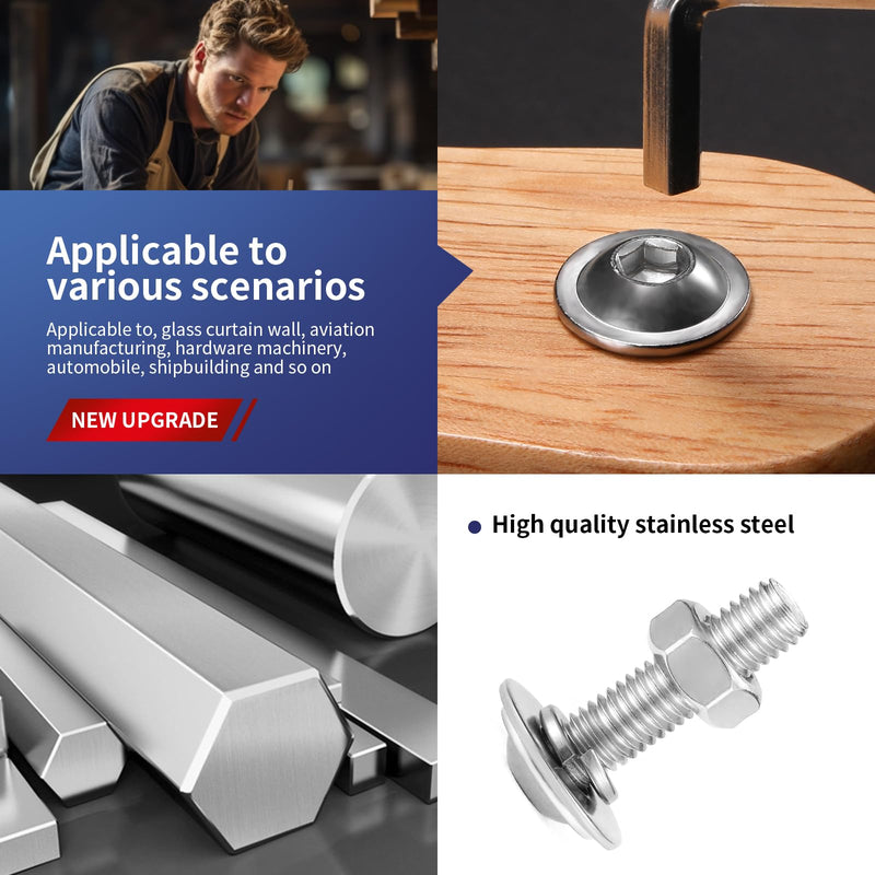 M8 x 60mm Flanged Button Head Socket Cap Screws Bolts, Nuts, Flat & Lock Washers, 20Pcs 18-8 (304) Stainless Steel, Bright Finish, Fully Threaded, by SG TZH (with Hex Spanner) M8 x 60mm Silver 20