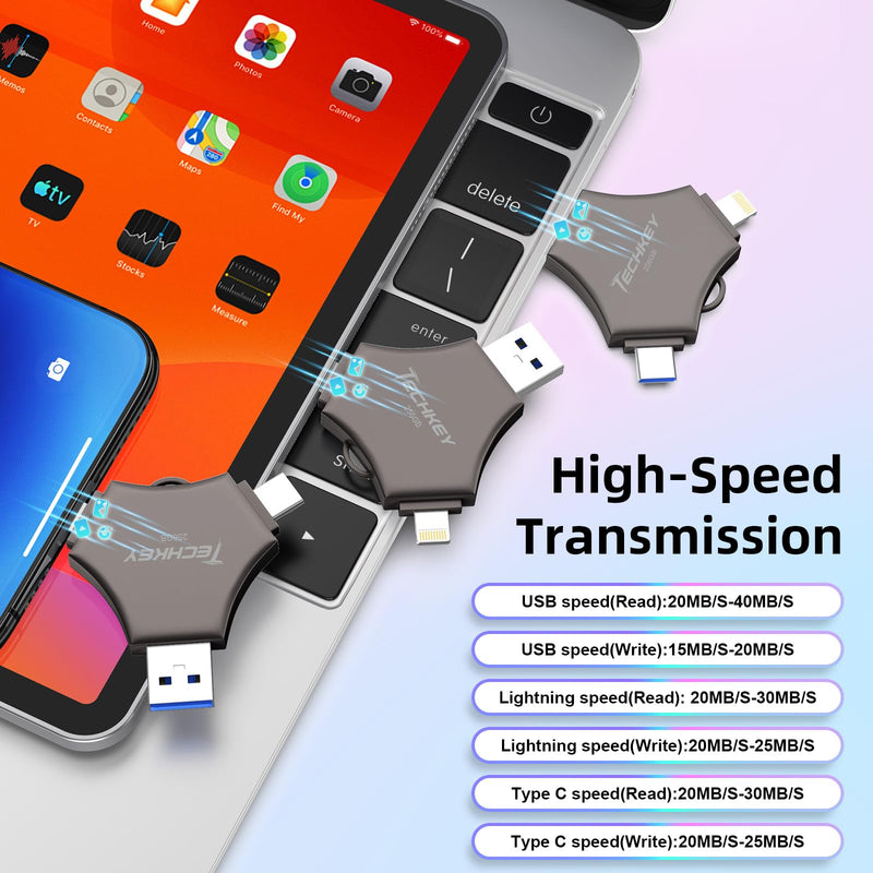 MFi Certified USB 3.0 Flash Drive 256GB for iPhone, 3in1 External Memory Photo Keeper Storage Stick for Picture/Video/Data Saver/Backup, High Speed Thumb/Jump/Hard Drives for iPad/Android/PC (Black) 256 GB Black