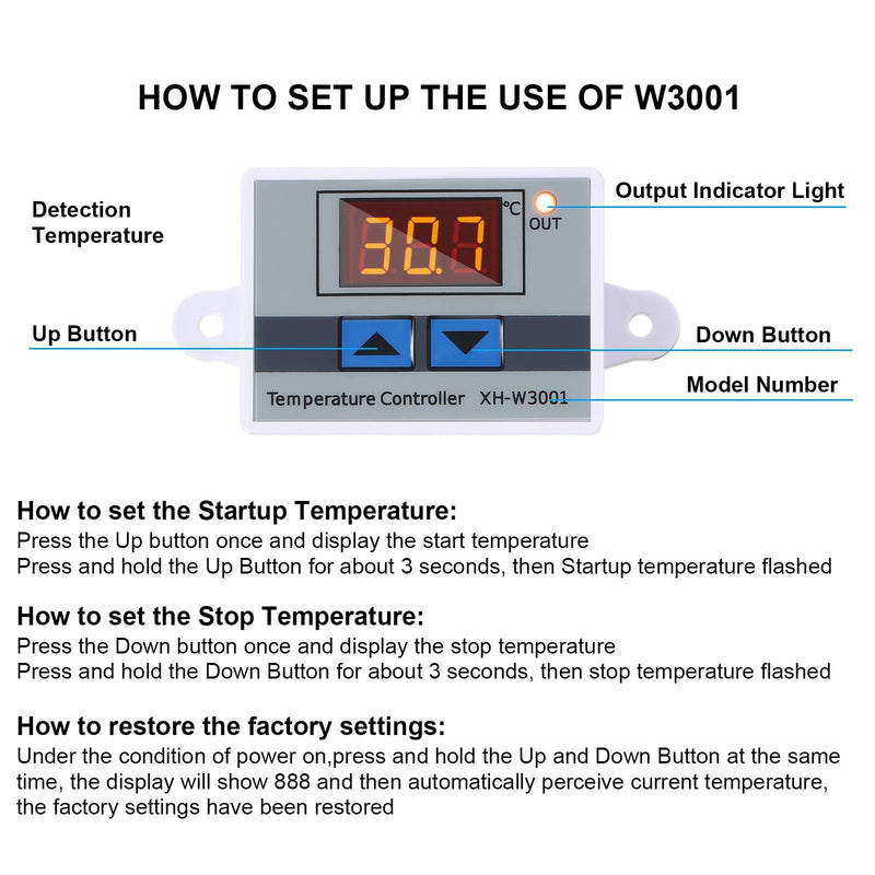 XH-W3001 Digital LED Temperature Controller Module Digital Thermostat Switch with Waterproof Probe Programmable Heating Cooling Electronic Thermostat Range from -50℃ to 110℃ (12V 10A 120W) (4 Pieces) 4