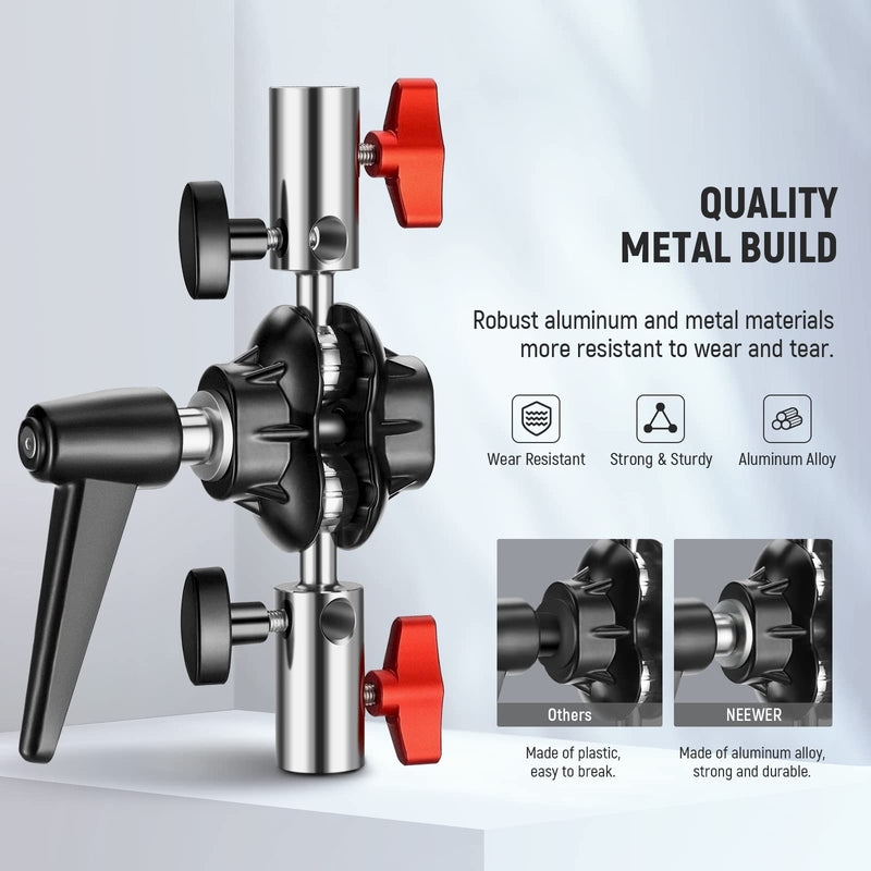 Neewer Heavy Duty Light Stand Head Adapter with All Metal Dual Swivel Ball Joint, Dual 5/8'' Receivers, 1/4'' to 3/8'' Convertor Spigot Stud, 3/8'' to 5/8'' Screw, for C Stand, Max Load 14lb, UA020