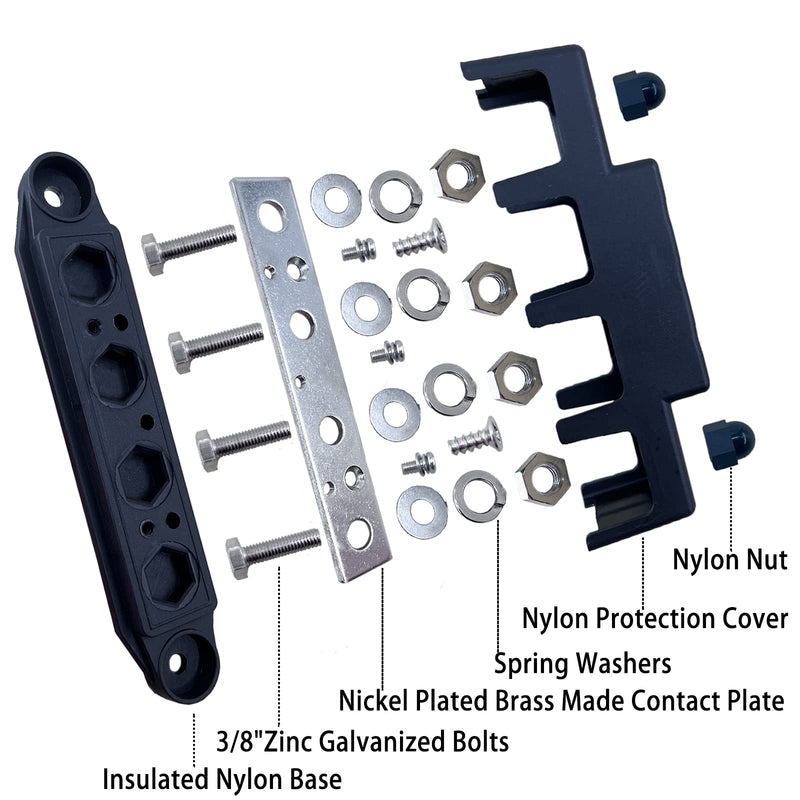 250A 12V BusBar 3/8" Power Distribution Block 4 Studs Junction Block Automotive Marine Battery Busbar Terminal Block with Cover 12 Volt Negative&Positive