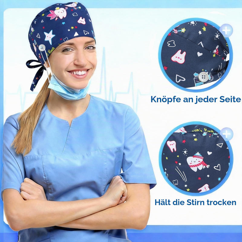 Pack of 2 Surgical Caps, Fabric Print, Unisex Nurse Cap | Adjustable Work Cap with Sweatband Headwear for Nurses Dentists Doctors (Unicorn, Teeth) light blue