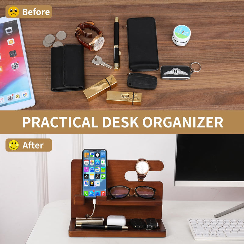 Wood Phone Docking Station Gifts for Men, Bedside Organizer Charger Holder for Nightstand, Watch Key Holder Wallet Stand for Husband Dad Boyfriend Anniversary Birthday Gift, Brown