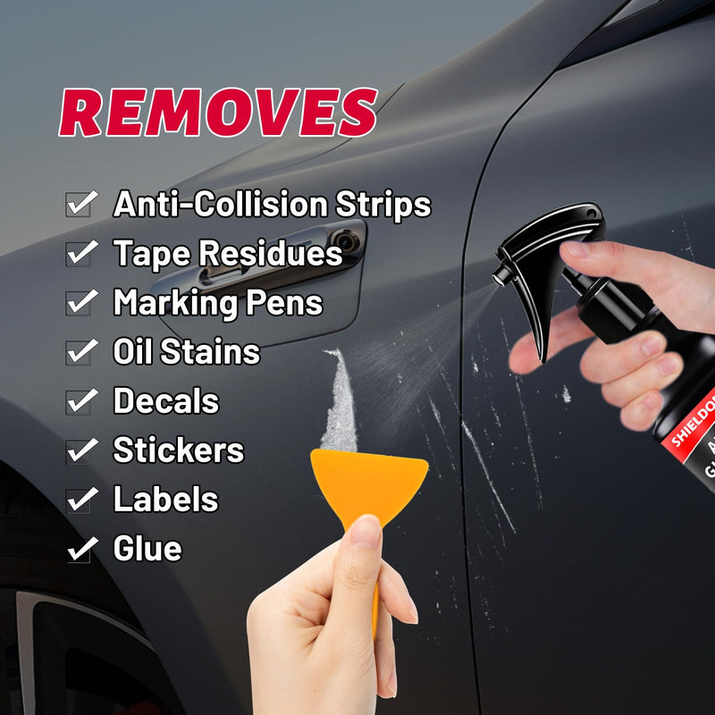 Adhesive Remover, Dissolve & Soften Adhesives on Car Glass & Paint, Easily Remove Glue Sticker Labels Decals Tape Residue, Portable Spray Removal Set with Spatula & Towel - 3.4oz/100ml