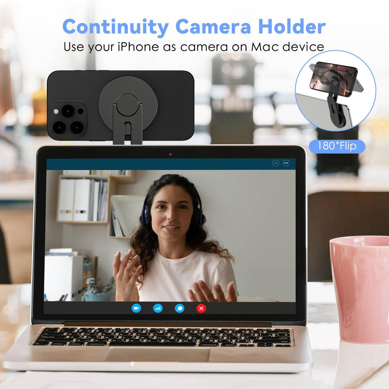 CloudValley Magnetic Laptop Phone Holder, 360° Rotating Mount Compatible with iPhone MagSafe and All Phones, MacBook, PC Monitor, Screen Stand for Tesla, Portable Accessory, Black