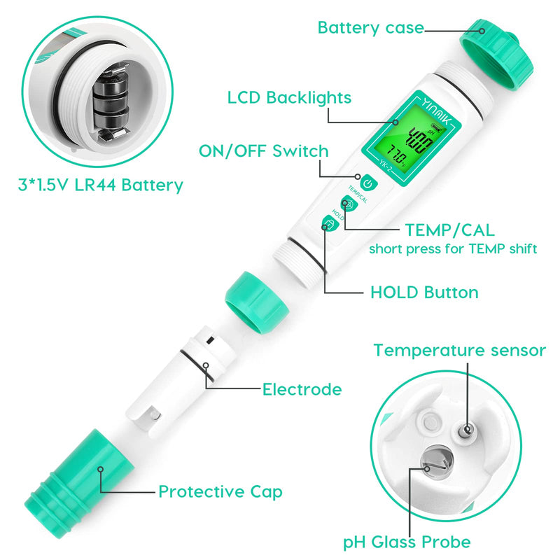YINMIK Digital pH Meter with Extra Replaceable Probe, Pocket pH Tester for Hydroponics, Accurate Water Tester for Swimming Pool Hot Tub Aquariums Home Wine Brewing White