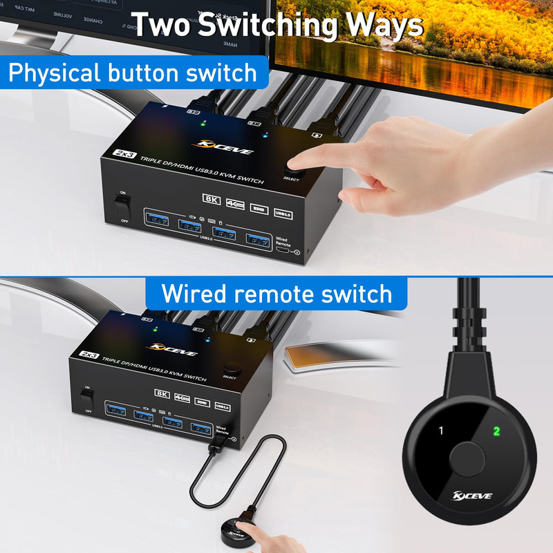 HDMI Displayport KVM Switch8K@60Hz/4K@144Hz,Triple Monitors KVM Switch for 2 Computers Share 3 Monitors and 4 USB3.0 Devices,with Wired Remote,and USB Cables Included 8K60Hz KVM Switch 2 IN 3 OUT