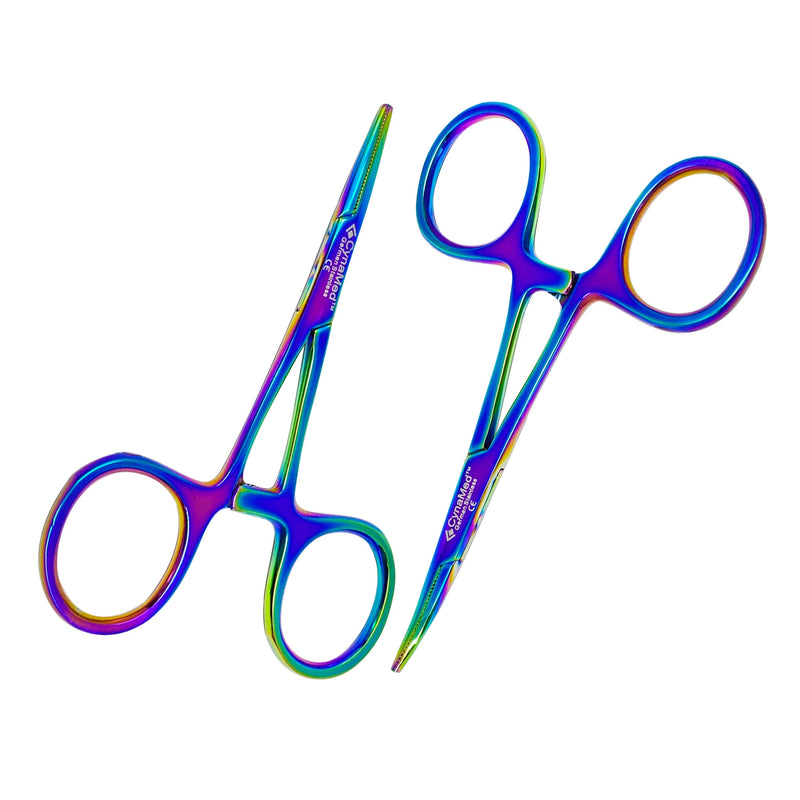 Cynamed Mosquito Hemostatic Forceps with Multicolor/Rainbow Titanium Coating - Premium Quality - Hemostat Clamping Pliers with Serrated Jaws - 3.5 in. (Curved) Curved