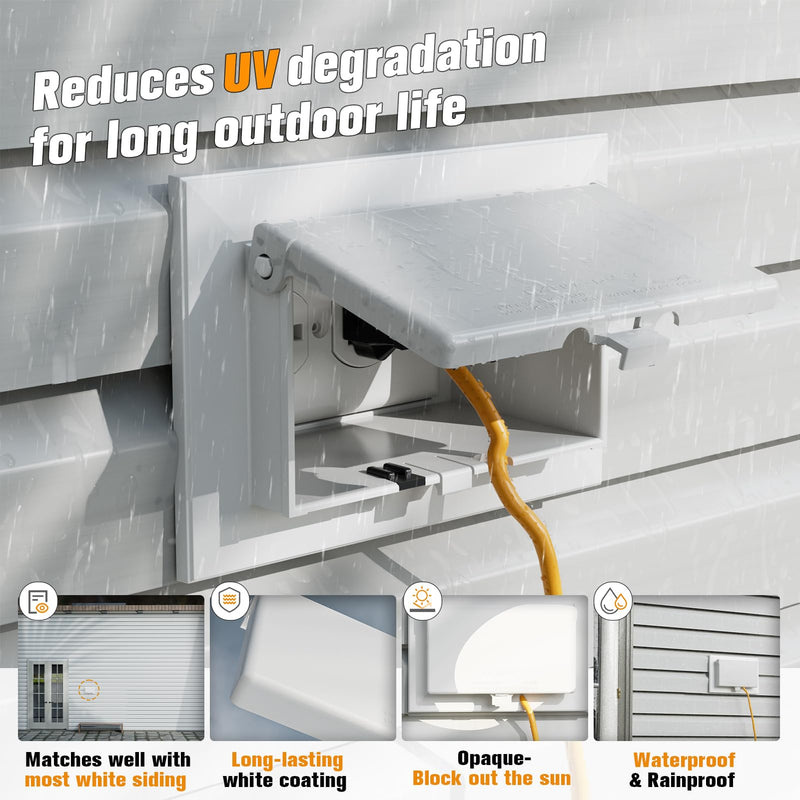 Recessed Outlet Box, DBHS1W-1 Low Profile Electrical Outlet Boxes, Wall Plate Kit for New Vinyl Siding, Enclosed Weatherproof Pack with Duplex & Decorator Style Covers, 1-Gang, Horizontal, White White, Horizontal