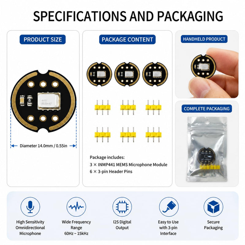 INMP441 Digital Microphone Module, INMP441 MEMS Digital I2S 24-Bit, Omnidirectional, High Sensitivity Compatible with Arduino ESP32 DSP for IoT Audio Recording, Pack of 3
