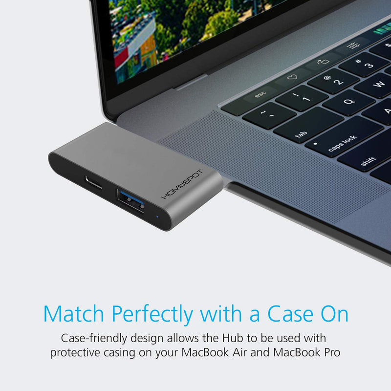 HomeSpot 3-in-1 USB Type-C Hub with HDMI 4K Video Output & USB 3.0 Port Ultra Slim for MacBook Pro MacBook Air with Case on - Grey Mini USB C Hub - Grey