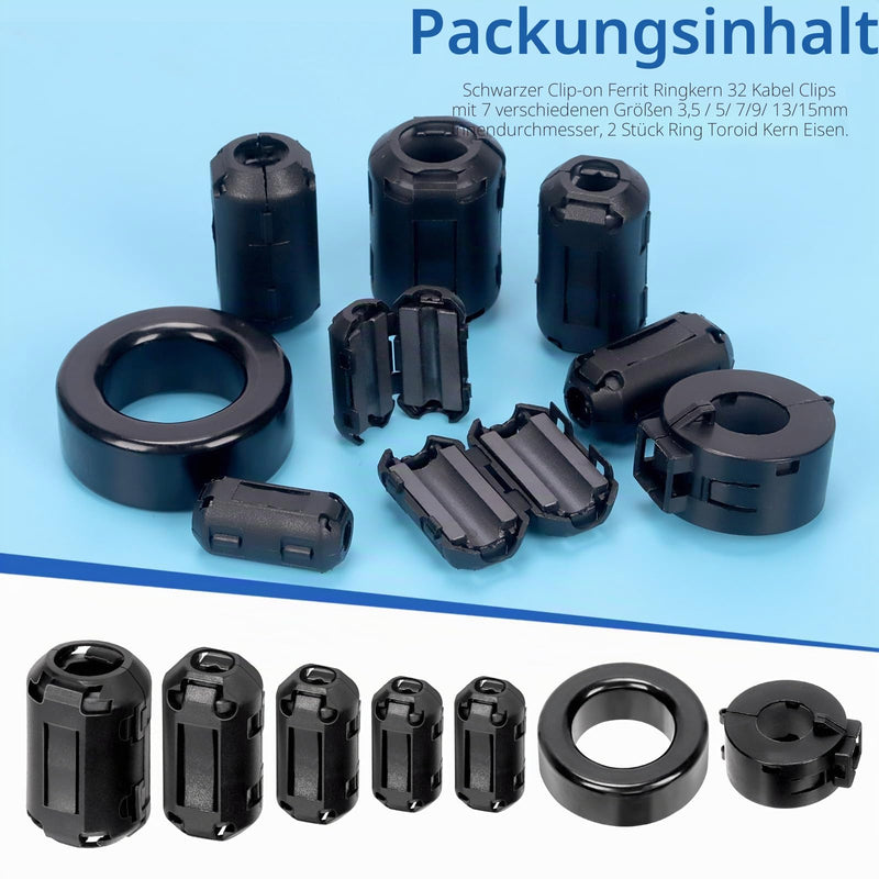 Glarks 32pcs Black Clip-on Ferrite Ring Core Set Includes 3.5/5/7/9/13 mm Inner Diameter Cable Clips RFI EMI Noise Canceling Cable Clips 42 x 24 x 16 mm Toroid Cores 15 mm Ferrite Cores