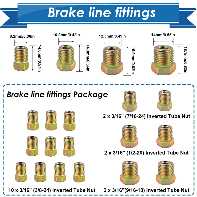 3/16inch x 25 ft Brake Line Tubing Kit Flexible Zinc Coated Alloy Brake Line Tubing Coil with 16 Inverted Flare Fittings SAE Standard 3/16 Silver Brake Line