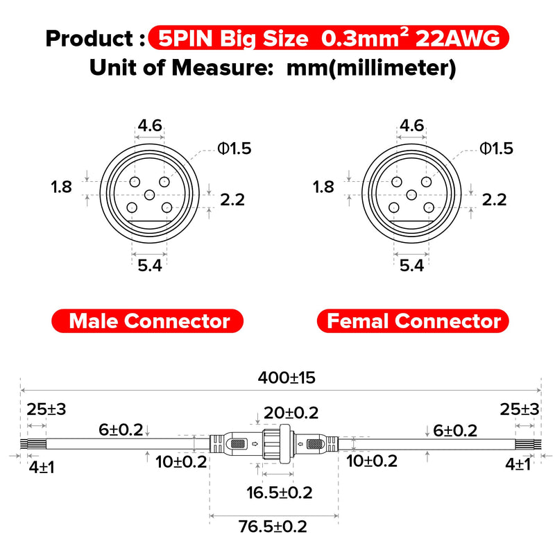 BTF-LIGHTING 5 Pin Waterproof Electrical Plug 24AWG IP65 | Male Socket 7.87in/20cm Extension Cable for Indoor/Outdoor LED Light Strips/String 15mm Nut Large Size 5 Pairs 5Pin Big