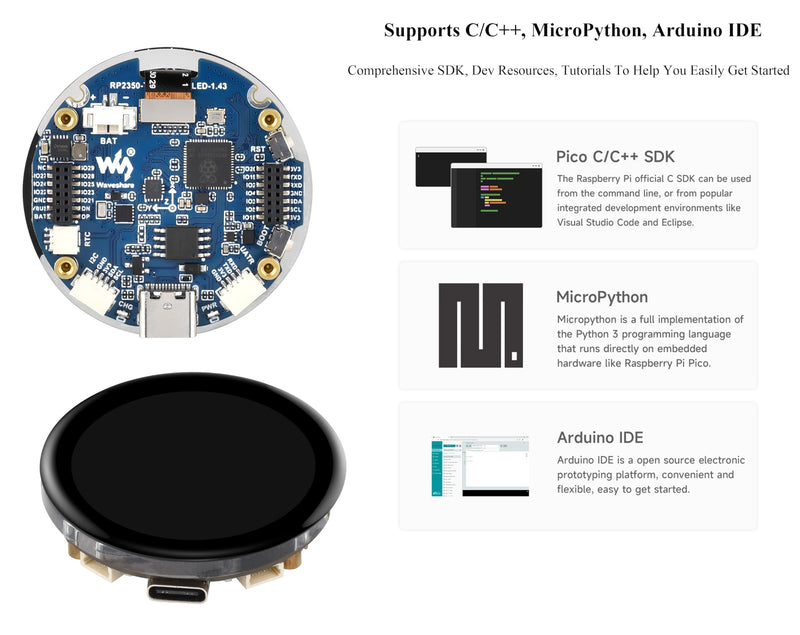 RP2350 1.43inch AMOLED Touch Display Development Board, 466x466, SPI Interface Round Display, Onboard Accelerometer and Gyroscope Sensor, USB, UART, I2C and GPIO, etc.