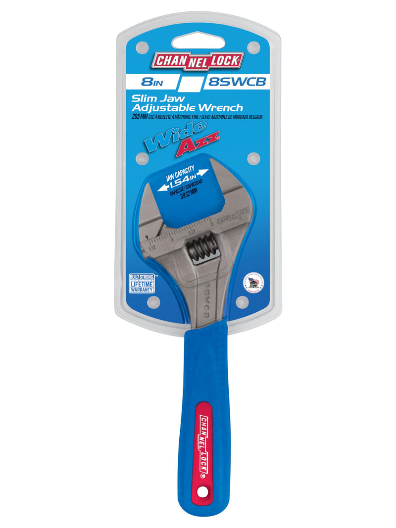 Channellock Adjustable Wrench 8SWCB Code Blue WideAzz Slim Jaw - Precise Grip, Wide Mouth - 8 In 8-Inch WideAzz Slim Jaw
