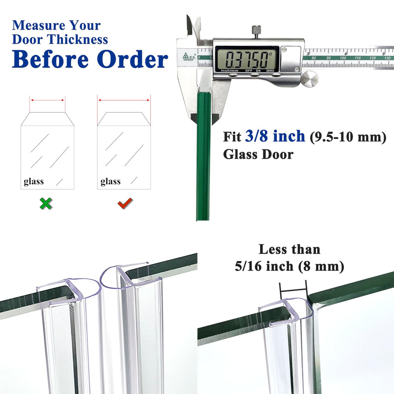 Frameless Shower Door Seal for 3/8" Thick Glass, 2 Pack x 78" U Glass Shower Door Side Seal Strip Bottom Seal Door Sweep, Ultra-Clear Polycarbonate, Stop Shower Leaks Create a Water Barrier 2PCS x 78" for 3/8" U (For Side of Sliding door)