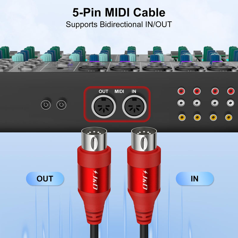 J&D 5-Pin DIN MIDI Cable, Male to Male Cables Compatible with Keyboard, Synthesizer, Guitar Multi Effects, Audio Interface/Mixer/Amplifier, External Sound Card (Red, 15 Feet) Red