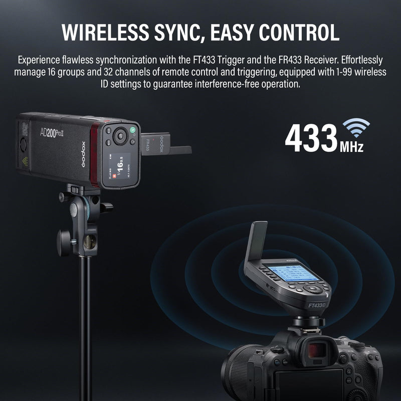 Godox FT433-N TTL Wireless Flash Trigger for Nikon Camera, 433MHz 2 in 1 Flash Transmitter 32 Channels with Reciever 1/8000s HSS TTL TCM Function for Godox AD200Pro II AD600Pro II AD600BM II (FT433-N)