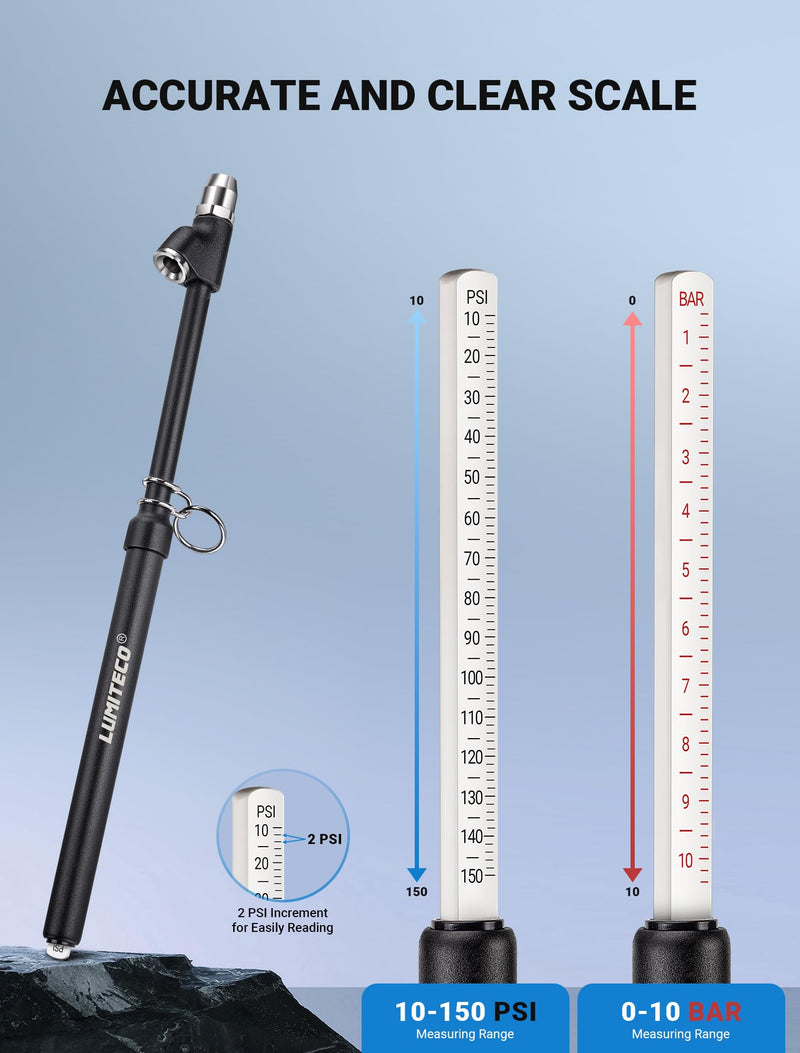 12'' Dual Head Tire Pressure Gauge, Heavy Duty Truck Tire Gauge Range 10-150PSI 1-10Bar for Tire Pressure Checker, Straight-On Tire Air Gauge Extended Tube for Semi Truck, RV, Car, Motorcycle