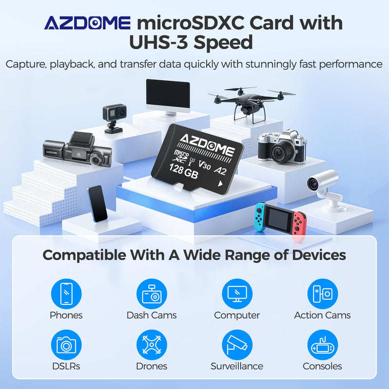AZDOME 128GB Micro SD Card microSDXC Memory Card for AZDOME M550 GS63H Pro PG17-4K M550 Pro M200 M330 M300S M01 Pro Dash Cam Full HD & 4K UHD, U3, A2, V30