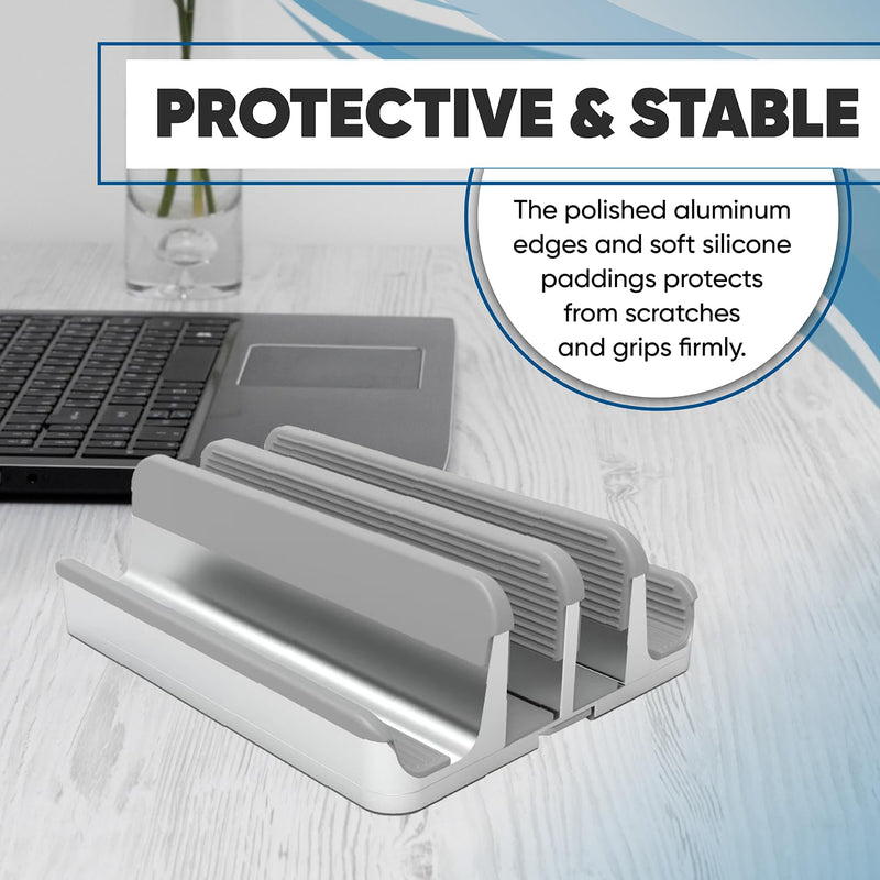 Elestoria 4 Device Vertical Laptop Stand – Adjustable Desktop Dock for MacBook, Dell, HP, Lenovo, iPad, Tablets & Phones – Multiple Slot Holder (Fits Up to 17.3") – Silver