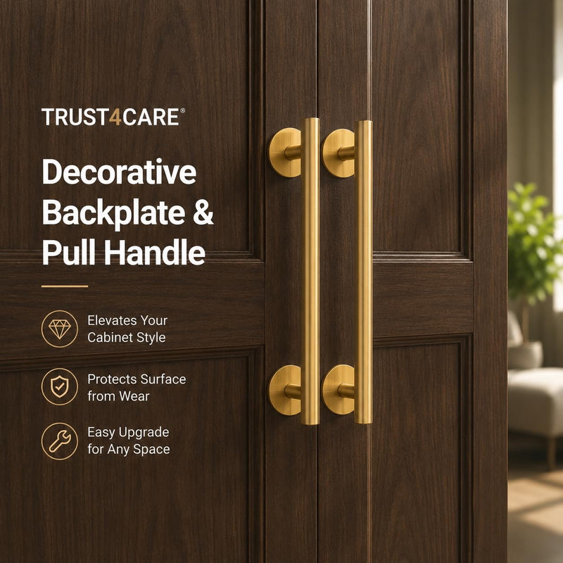 trust4care 8-Pack Brushed Satin Gold Round Large Backplate Rosette Washers of Bifold Cabinet Knob Handles, Thick 2-1/3" Titanium Golden Back Plate Sheets for Pull Doorknobs Set of 8 Brushed Brass