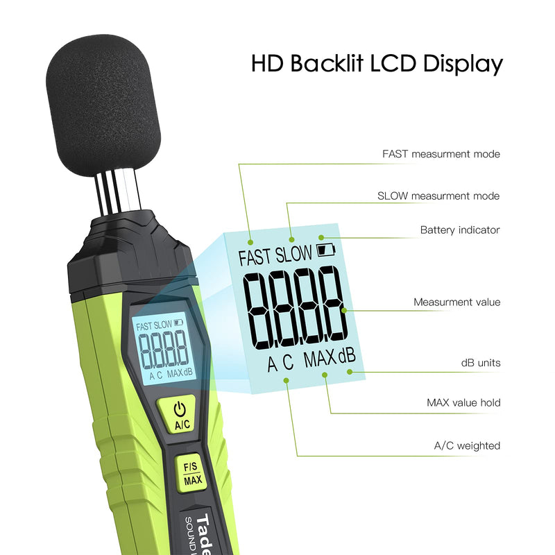 Decibel Meter, Tadeto Digital Portable Sound Level Meter 30 dB to 130 dB with LCD Display A/C Weighted for DIY Shops Green