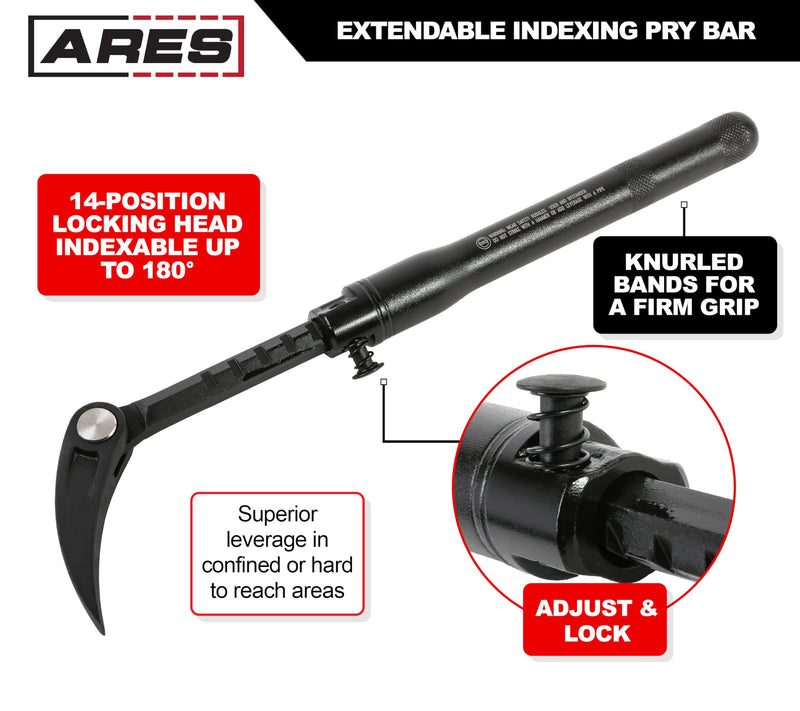 ARES 46000-13.3-Inch to 18.5-Inch Pry Bar - Indexable Bar, Extendable Reach - 14-Position Adjustable Angle Head - Chrome Vanadium Steel 13.3-Inch to 18-Inch Indexable