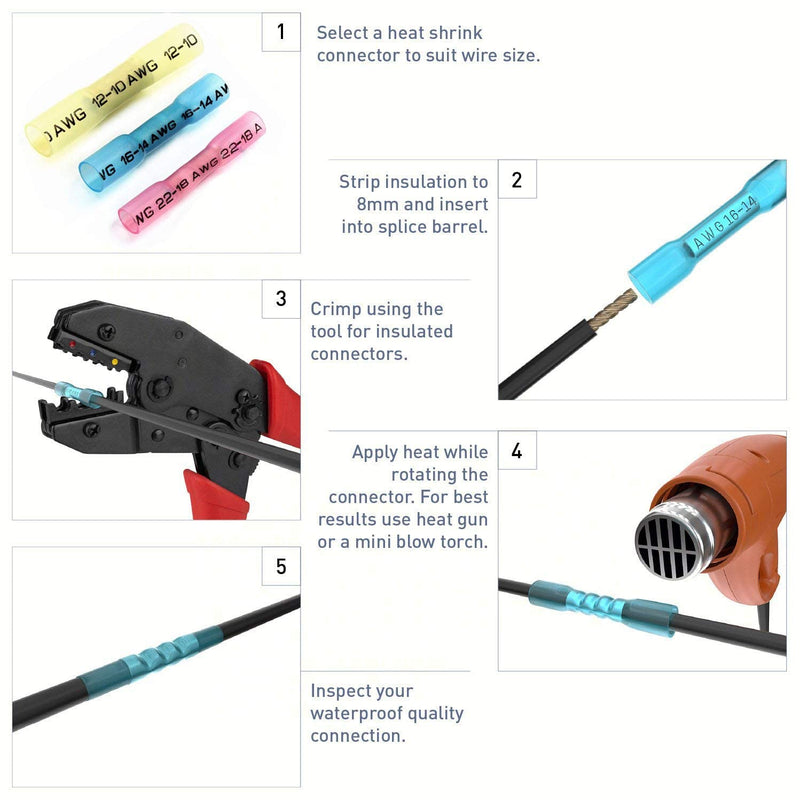 electrapick cable connector 200 pieces butt connector crimp connector, 22-10 AWG waterproof shrink connector, red/blue/yellow