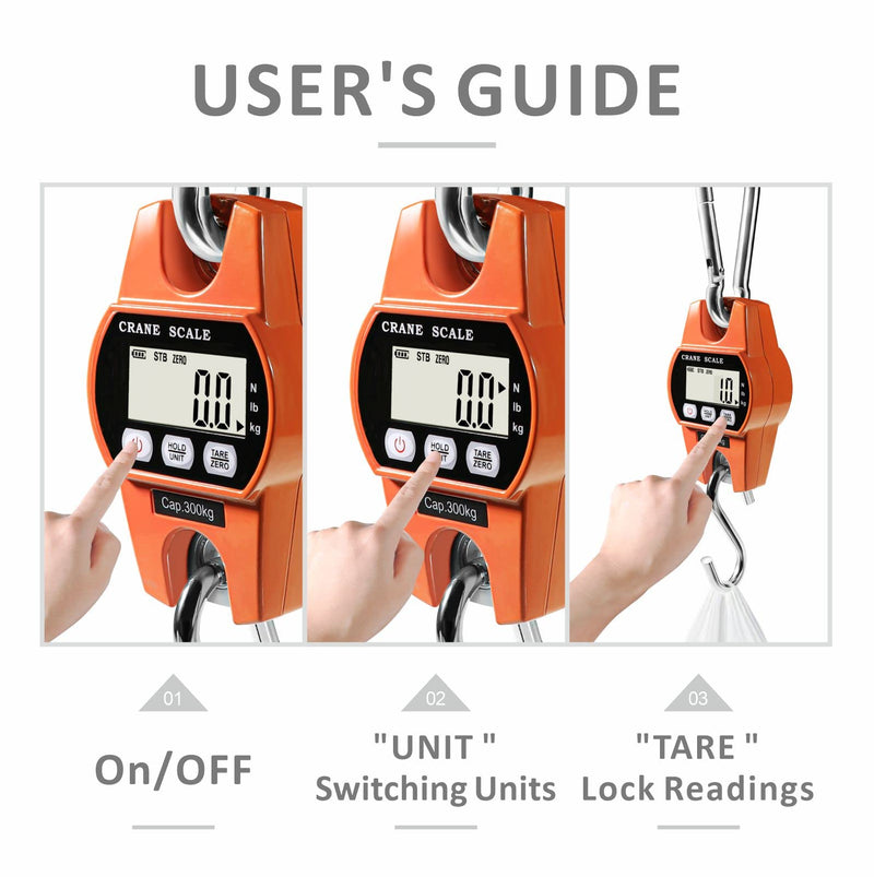 GRAM PRES Digital Hanging Scale 660 Lb 300 Kg Hanging Digital Scale, Handheld Mini Crane Scale with Hooks for Farm Hunting Fishing Outdoor Orange