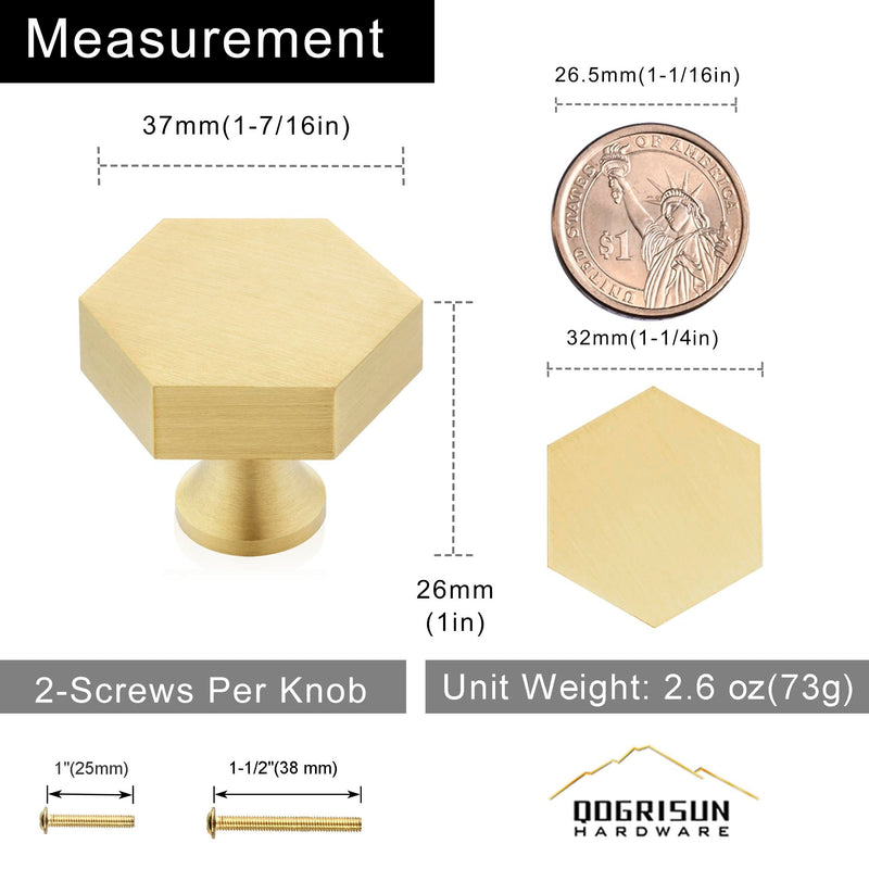 QOGRISUN 10-Pack Solid Brass Cabinet Knobs, Gold Hexagon Knobs for Dresser Drawer, 1.4-Inch Diameter, Modern Kitchen Hardware, Brushed Brass Finish