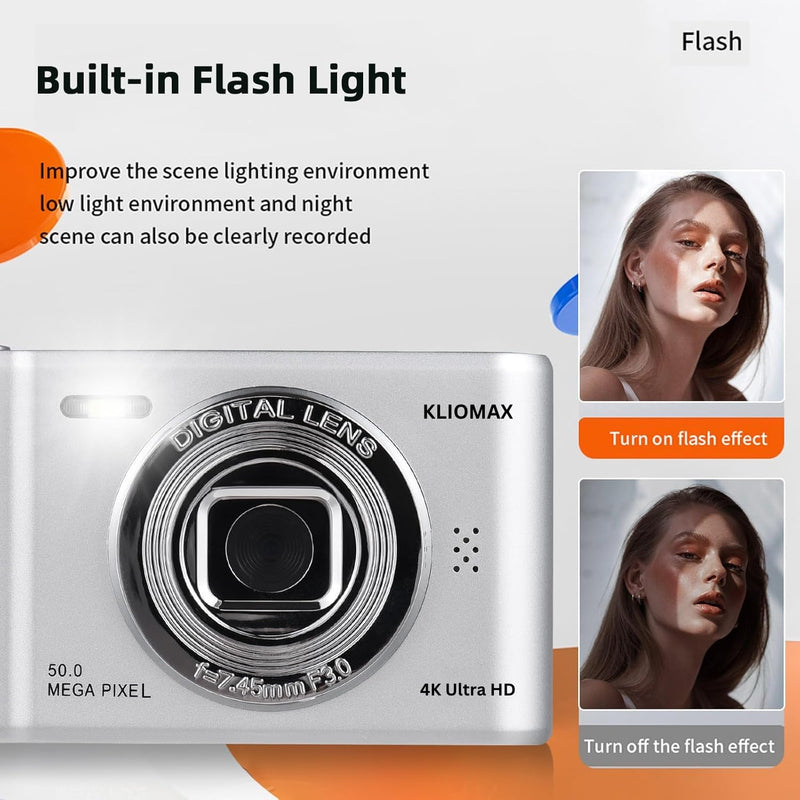 4K Digital Camera, FHD 1080P Kids Camera, 50MP Point and Shoot Camera with 16X Zoom Anti Shake, Compact Portable Small Camera for Girls Boys Teen Student with 32GB Micro SD Card, 1x Batteries Silver