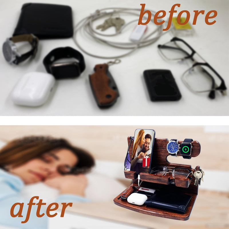 Gifts for Men Women Dad Husband Boyfriend Wood Phone Docking Station Nightstand Organizer for Men Birthday Gifts (Dark Brown) dark brown