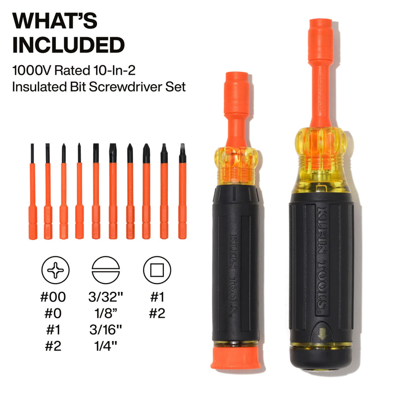 Klein Tools 32310INS 10-in-2 Insulated Multi-Bit and Multi-Bit Precision Screwdriver Set, Auto-Locking Collar, 1000V Rated, In-Handle Bit Storage 2-Piece Set